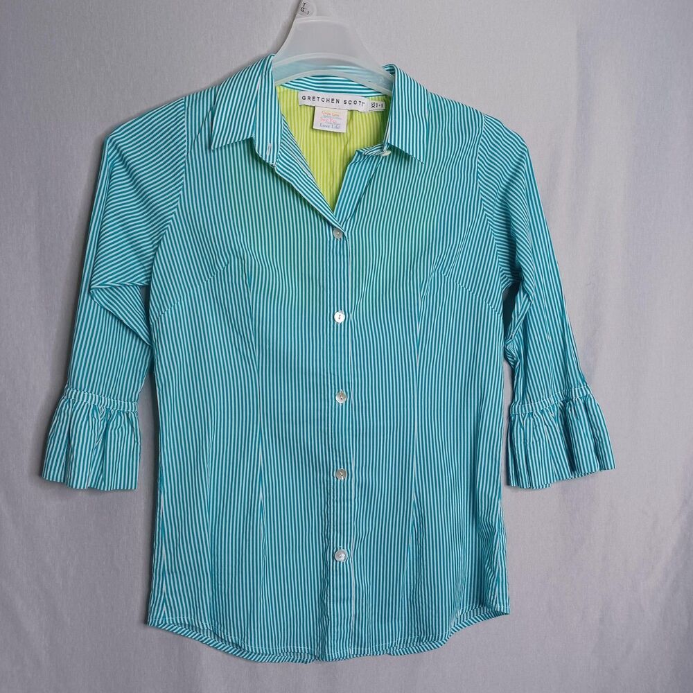Gretchen Scott Top Womens XS Blue Stripe Ruffle Half Sleeve Button Classic fairy